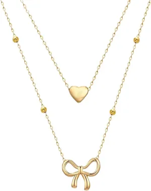 Gold Necklace for Women Dainty Layered Bow Necklace 14K Gold Plated Cute Pearl Beads Small Tiny Bow Pendant Choker Chain Prom Jewelry